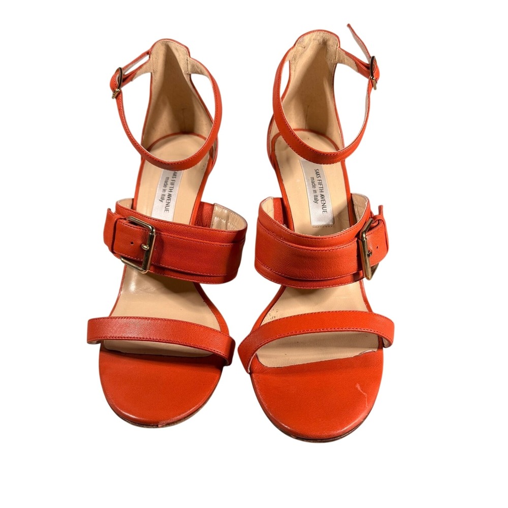 Saks Fifth Avenue Buckle Ankle‎ Strap Heels 8.5 Women Orange Italian Leather